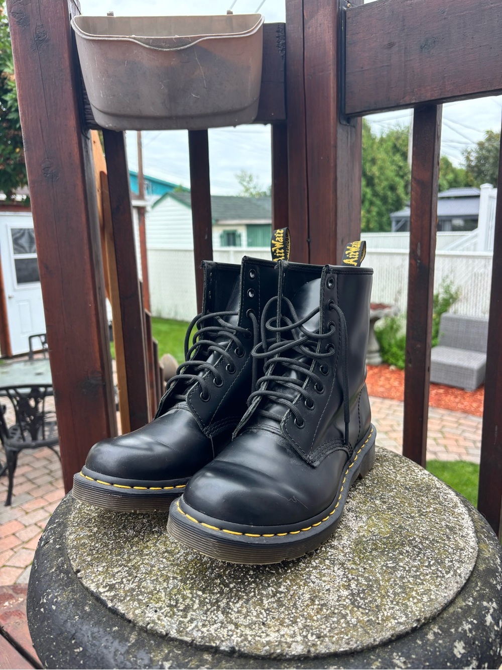 Doc Martens Black Leather Lace-Up Combat Boots with Yellow Stitching